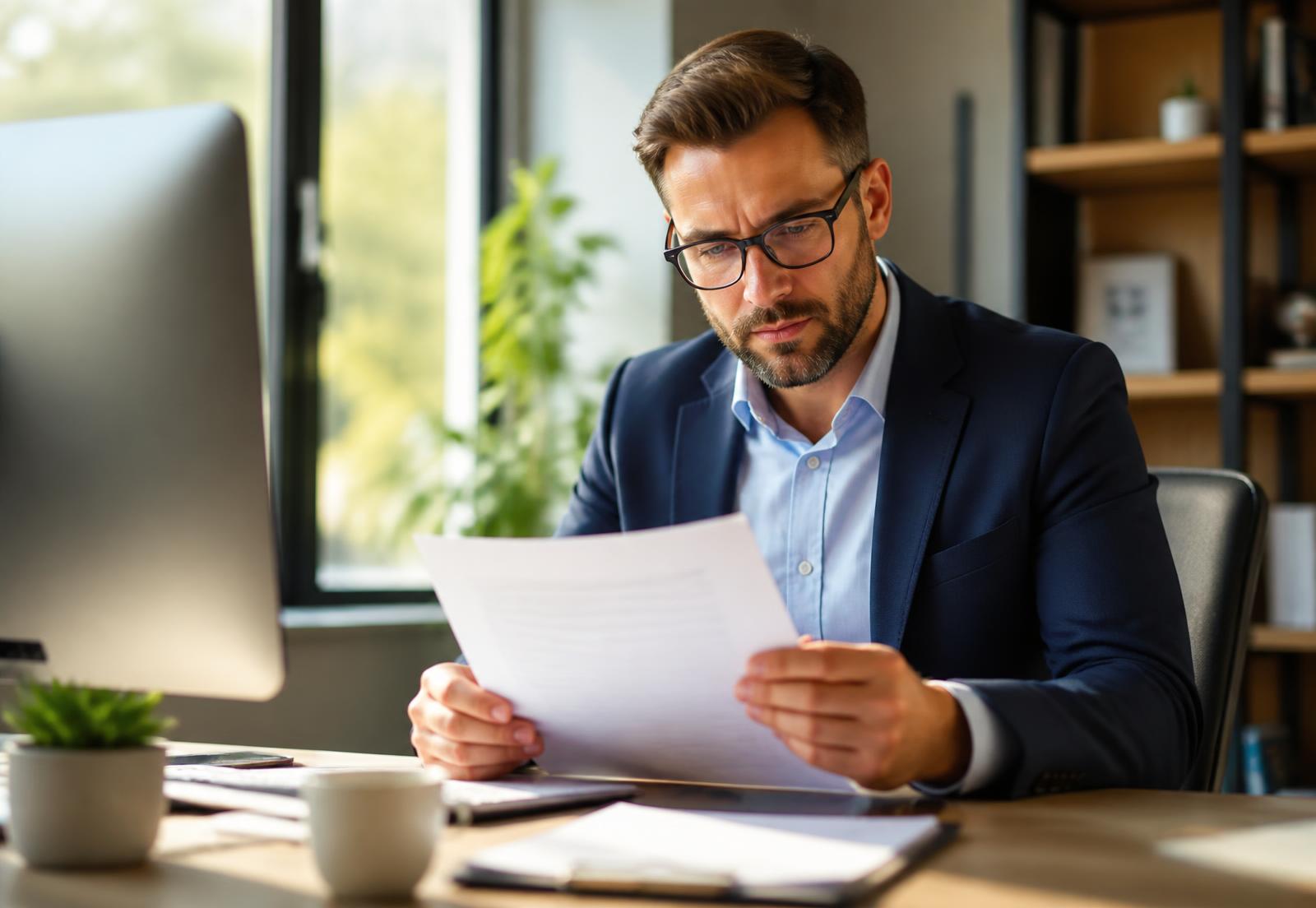 Profissional de escritório analisando um contrato com atenção aos detalhes