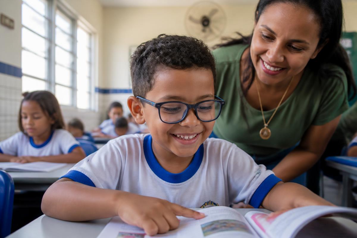 Criança com óculos lendo um livro em sala de aula ao lado da professora
