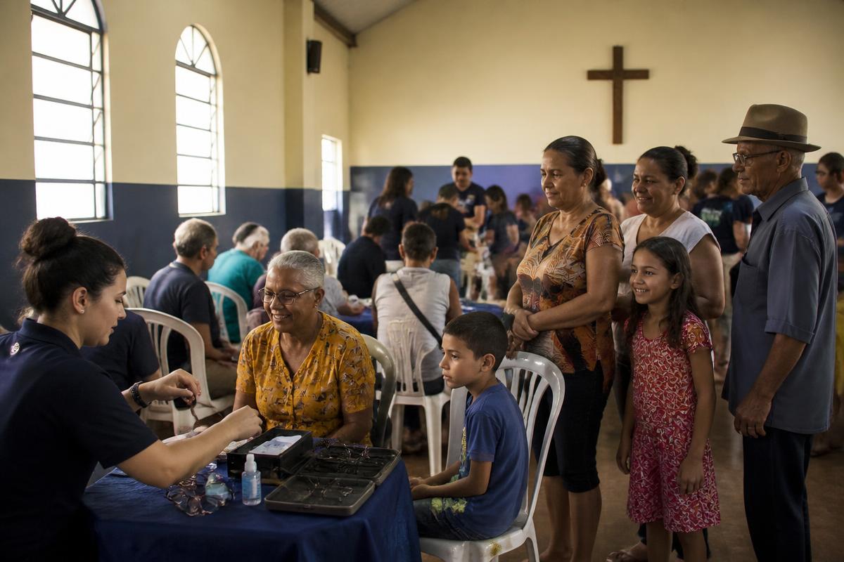Pessoas de diferentes idades participando de uma ação de saúde visual em um salão de igreja