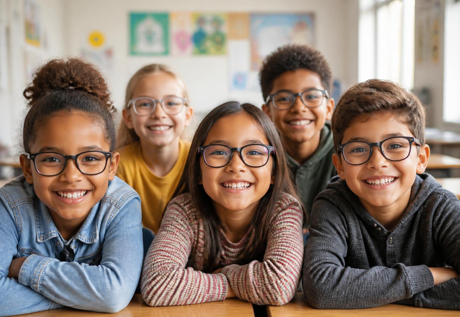 Crianças sorrindo usando óculos em sala de aula
